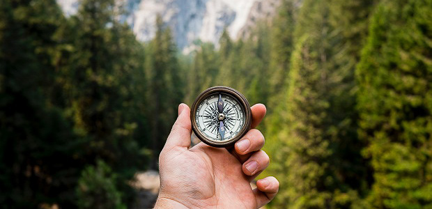 Image of a hand holding a compass in wooded area.